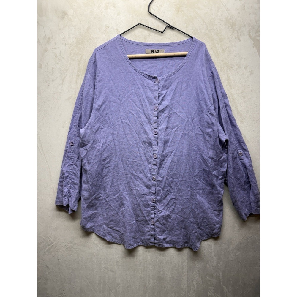 FLAX  Linen Tunic Shirt Large Long Sleeve Purple Pockets Buttons Scoop Neck